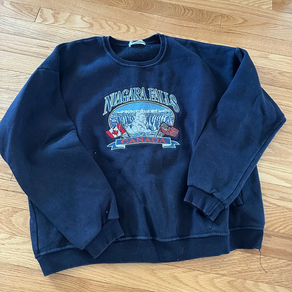 YesStyle Embroidered Loose-Fit Sweatshirt with Pocket - Navy Blue - One Size